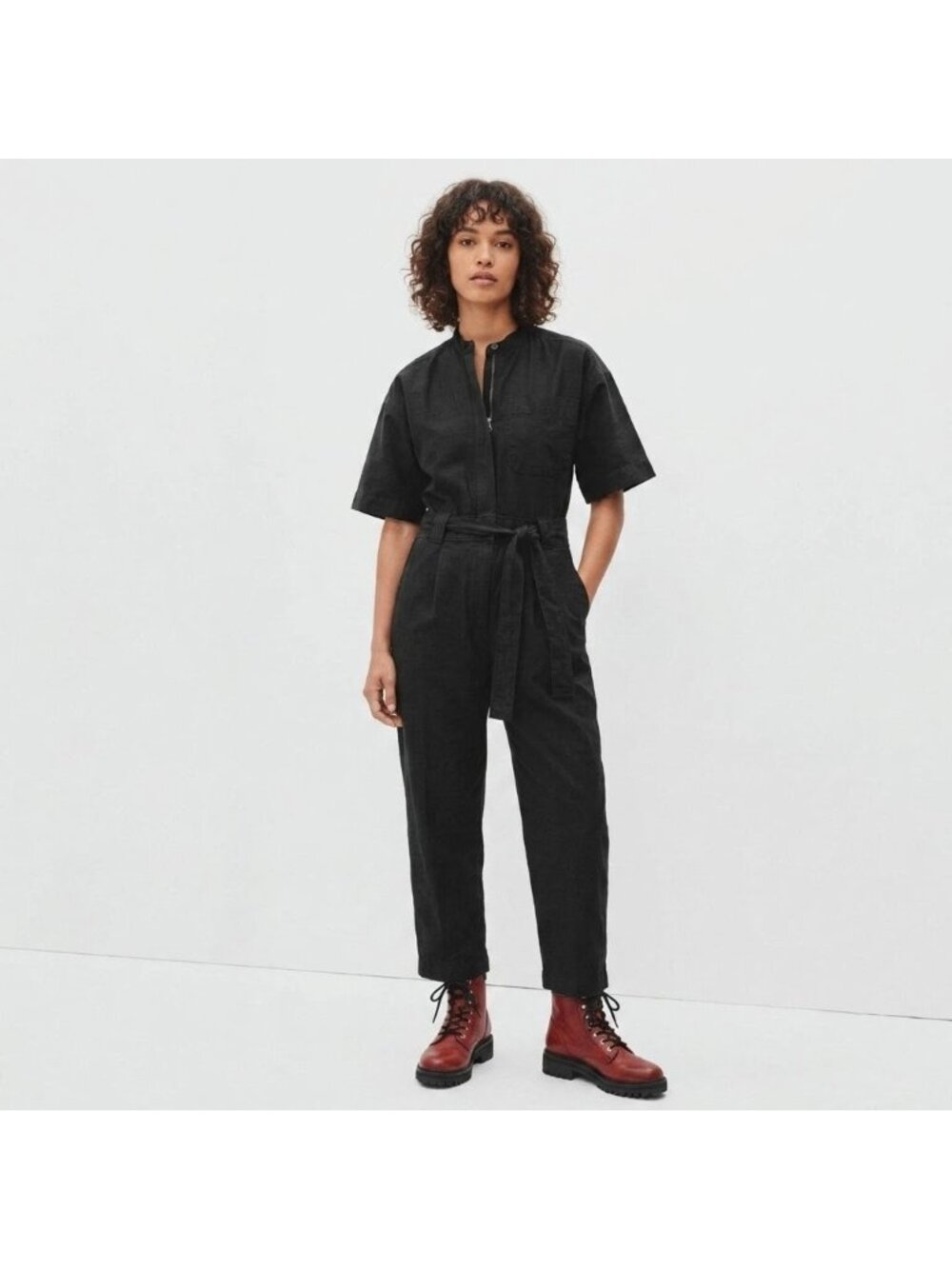 NWT Everlane The Fatigue Short-Sleeve Jumpsuit in Black Belted Cotton Utility 6
